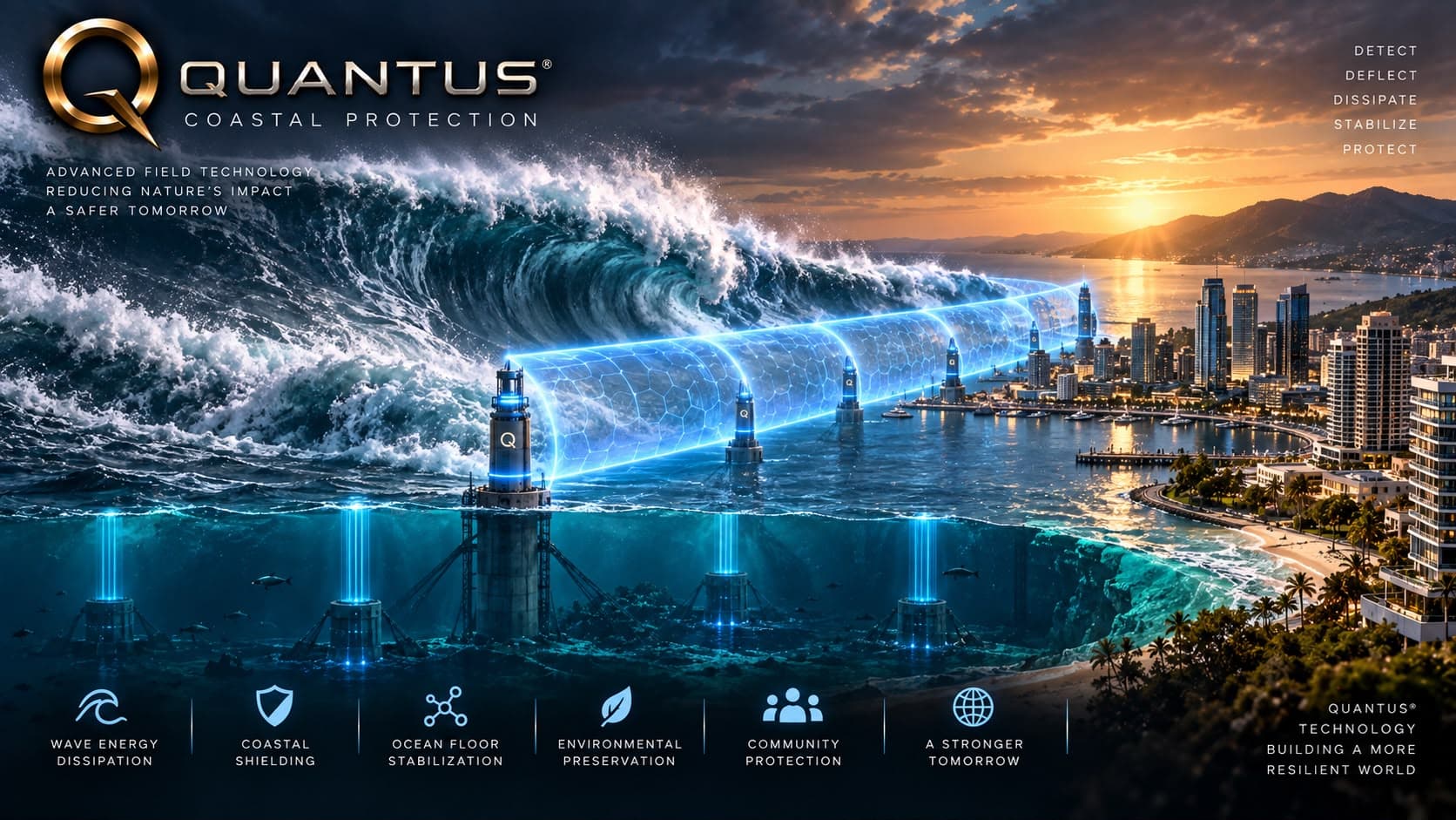 Concept render of a line of offshore towers projecting a luminous barrier between a large incoming wave and a coastal city.