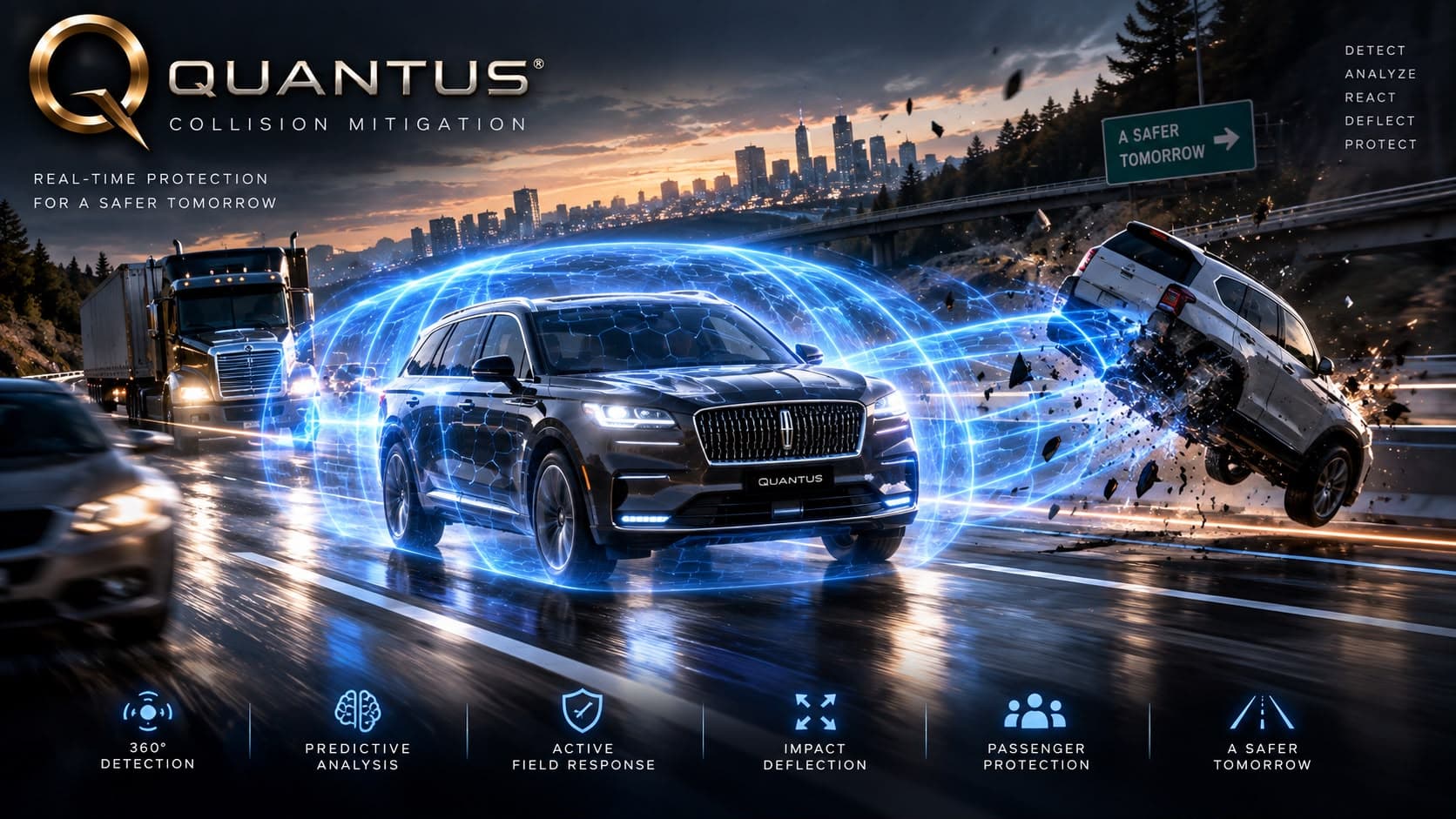 Concept render of a car on a highway enclosed in a luminous blue field structure as a second vehicle is deflected away during a collision.