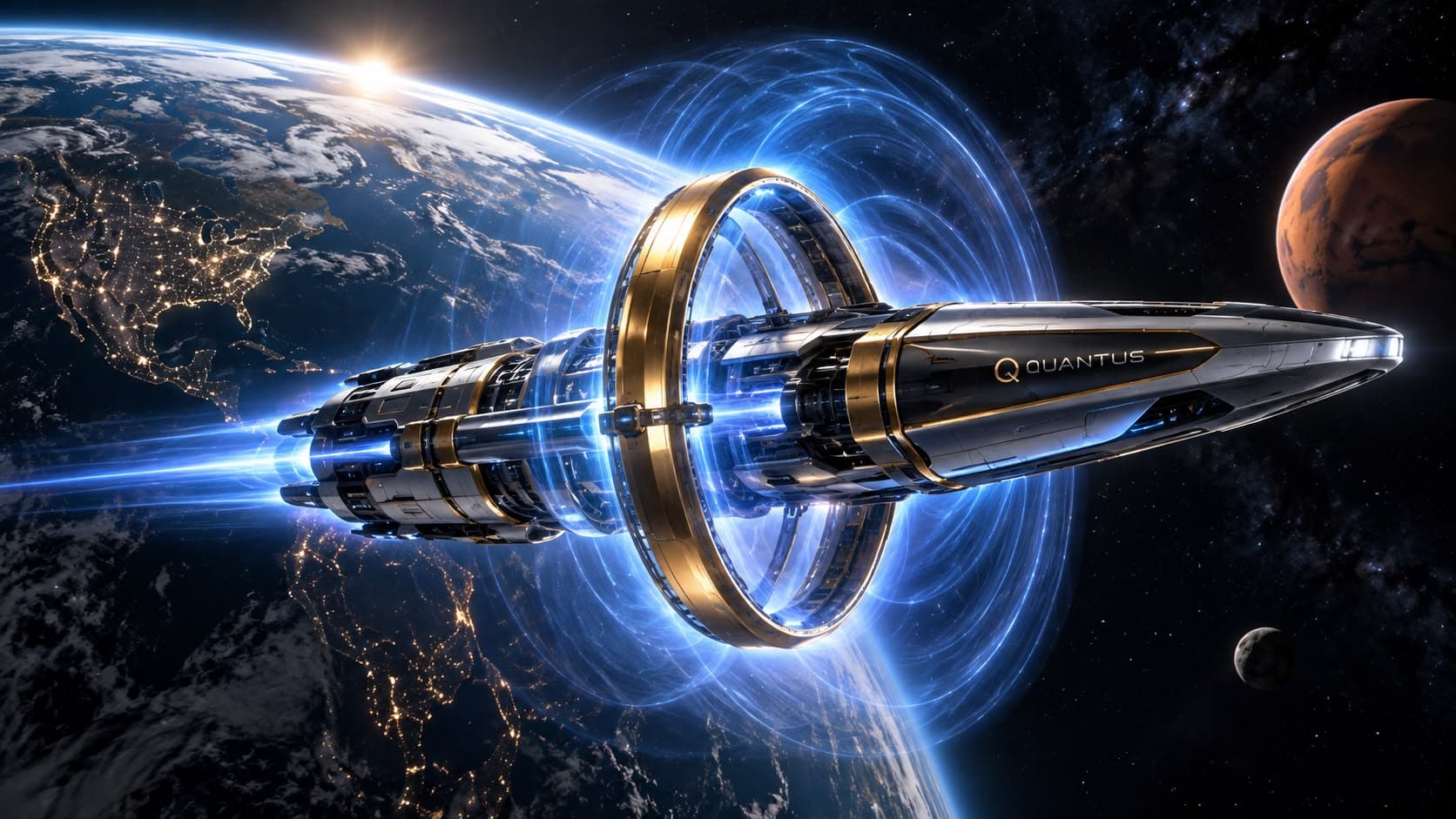 Concept render of a spacecraft with a gold orbital ring structure and blue field geometry, positioned above Earth with Mars in the distance.