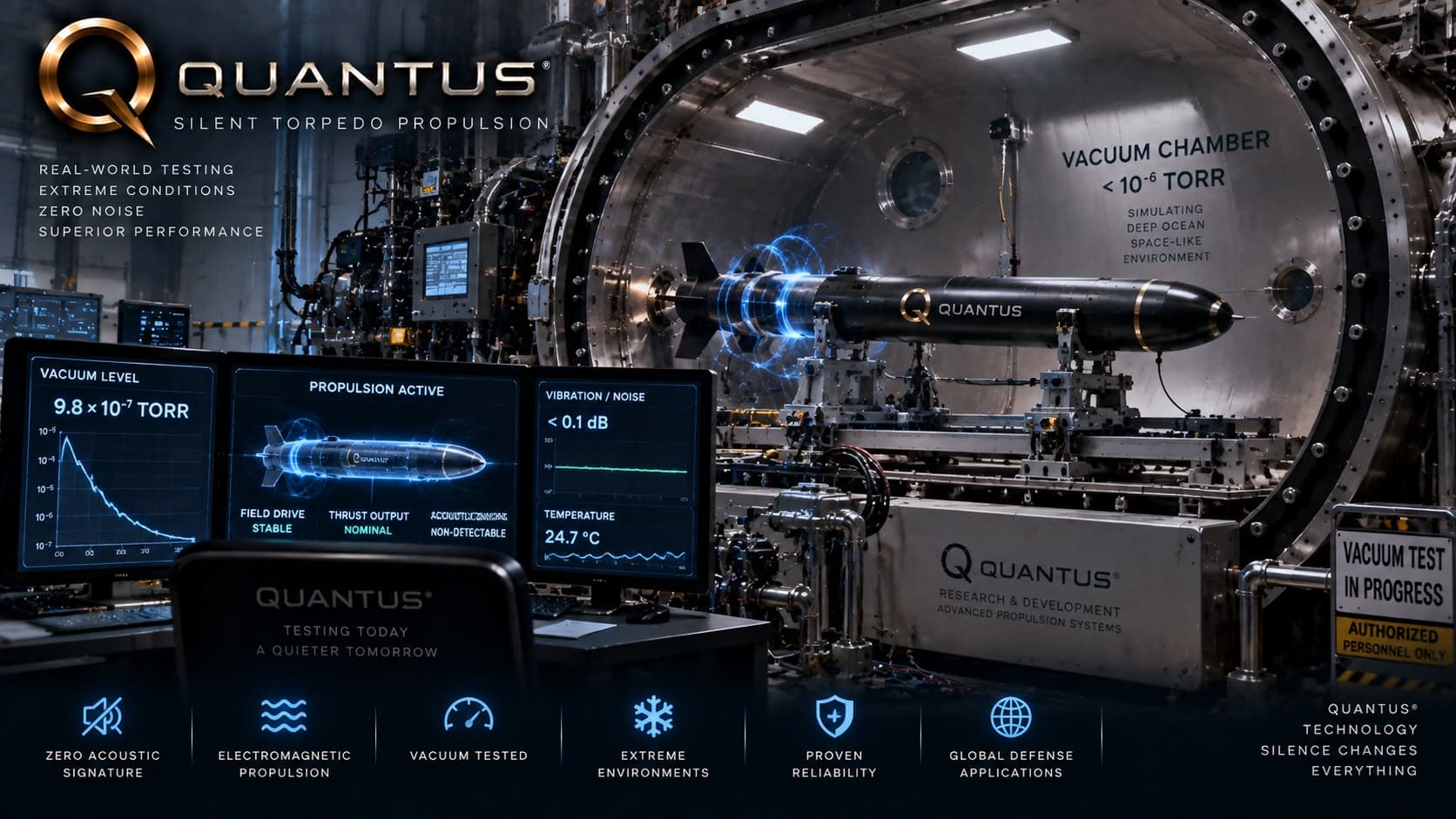 Concept render of a test article mounted at the mouth of a large vacuum chamber, with instrumentation displays in the foreground.