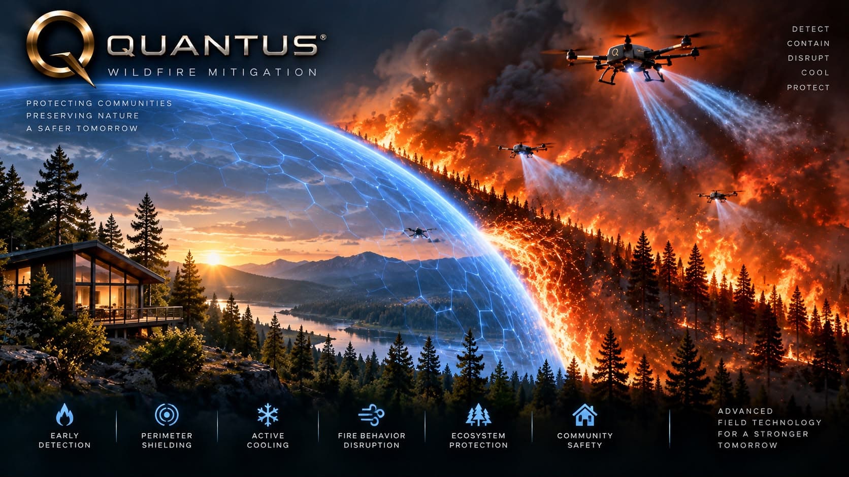 Concept render of a luminous field boundary separating a protected forest valley and home from an advancing wildfire, with support drones overhead.